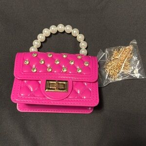 Jelly Mini Bag Pink| Pearl Handle Crossbody Purse w/ Rhinestones & Gold Chain
